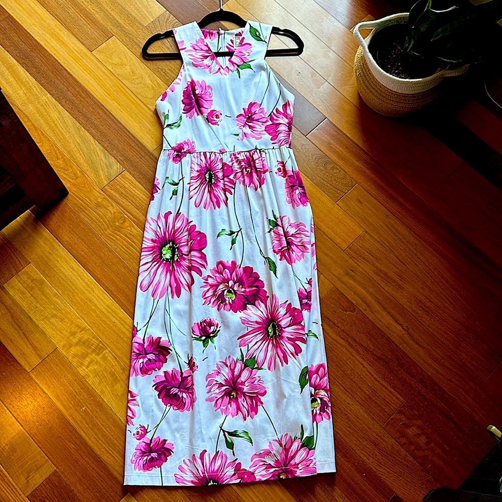 3rd Floor Studio Canadian Designer Dress, Pink Daisy Floral Print Midi Dress